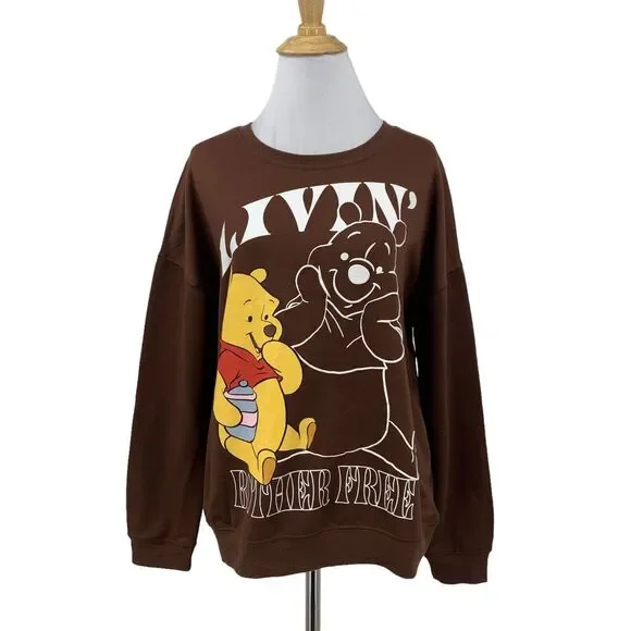 Disney Winnie The Pooh Sweater Womens S Brown Crew Neck Micro Fleece Pullover - Picture 1 of 12